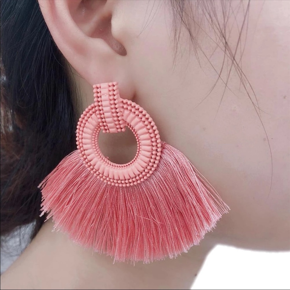 Boho Fringe Coral Pink statement earrings